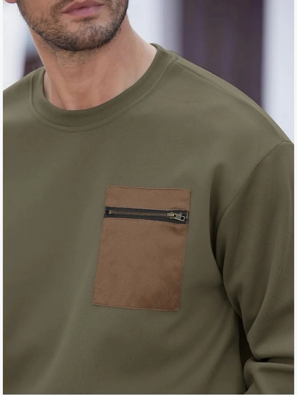NWOT Men's Olive Green Crewneck Sweatshirt with Contrast Chest Pocket